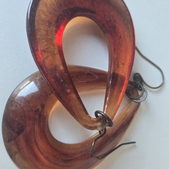 Vintage Brown Marbled Oval Lucite Drop Earrings - Picture 5 of 6